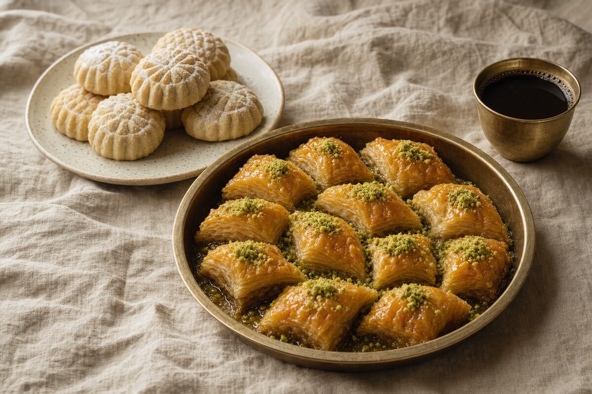 A round brass tray of syrup-glazed baklava diamonds topped with chopped pistachio, their filo layers visible in cross-section, beside a speckled plate of icing-sugar-dusted maamoul cookies and a small brass cup of black coffee on rumpled oatmeal linen.