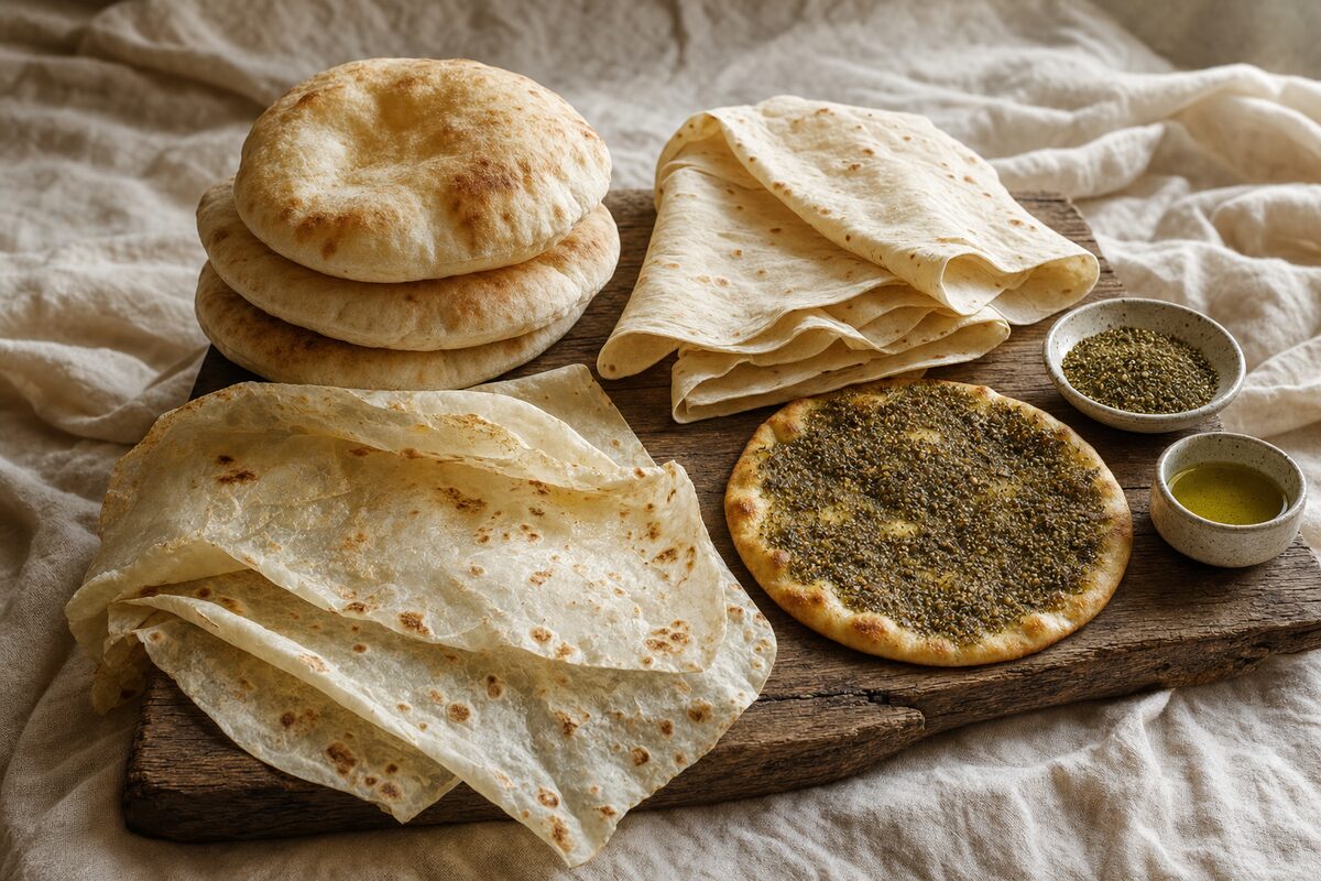 A weathered wooden board holding a stack of puffy round pita, folded sheets of soft lavash, a very thin blistered markook flatbread folded over, and a round za'atar-topped manakish, with small dishes of dry za'atar and olive oil.