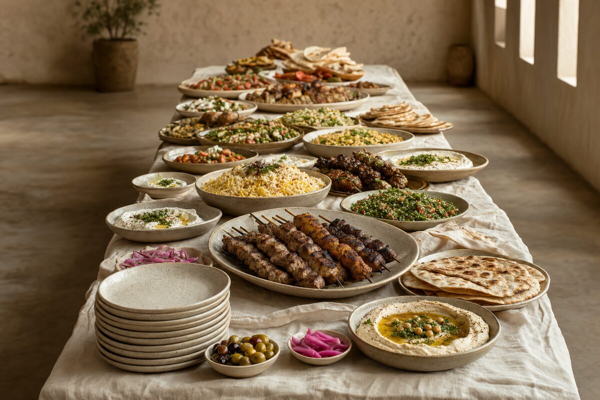 A long linen-covered table running away from the camera, crowded end to end with speckled stoneware platters and bowls of grilled skewers, rice, chopped salads, hummus and labneh, stacked flatbread, olives and pink pickled onion, with a tall stack of plain plates at the near corner.