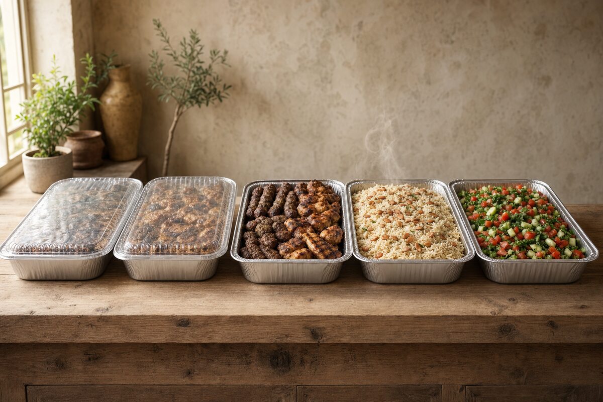 Five plain foil catering trays in a row on a weathered wooden counter, the two on the left sealed with clear domed lids and the other three open, holding grilled kabab and chicken, rice with toasted almonds, and chopped tomato and cucumber salad, with a thin wisp of steam rising.
