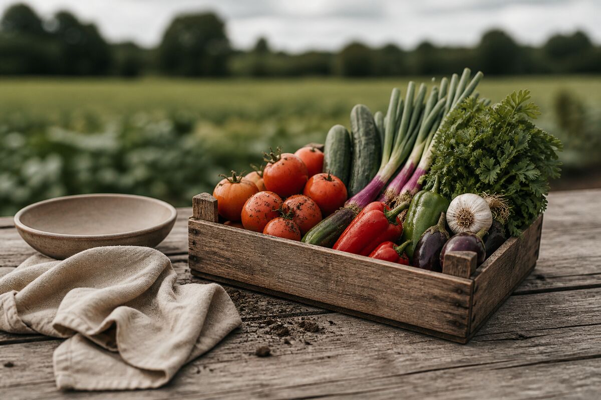 A wooden crate of freshly picked vegetables, tomatoes, cucumbers, peppers, garlic, spring onions and parsley, on weathered boards in front of a farm field.