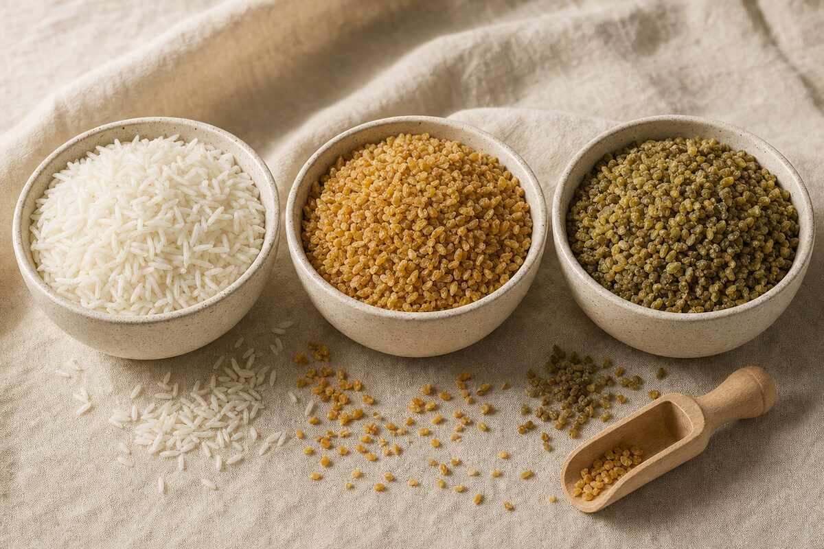 Three matching speckled bowls in a row on oatmeal linen holding white long-grain rice, golden cracked bulgur and olive-green freekeh, with small piles of each grain spilled on the cloth and a wooden scoop alongside.