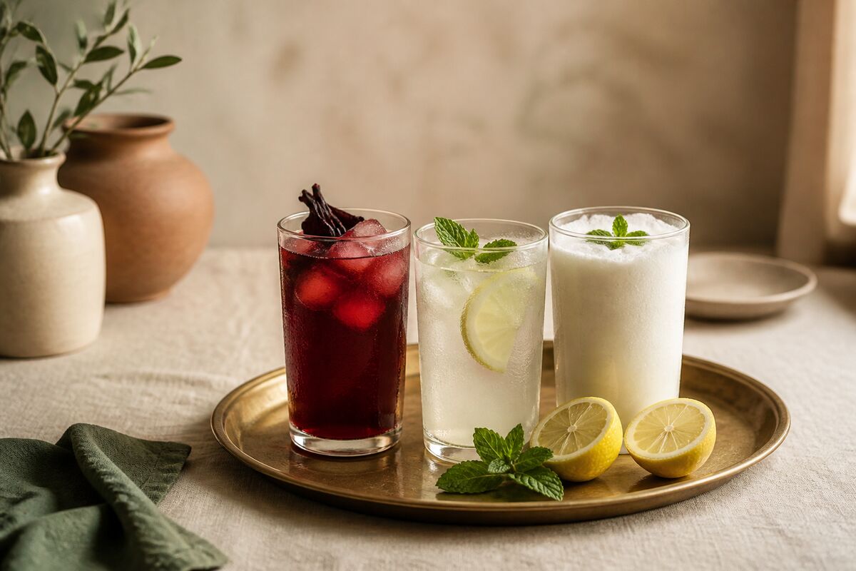 Three tall glasses on a brass tray: deep red iced hibiscus tea, cloudy lemonade with mint, and a frothy white salted yogurt drink.
