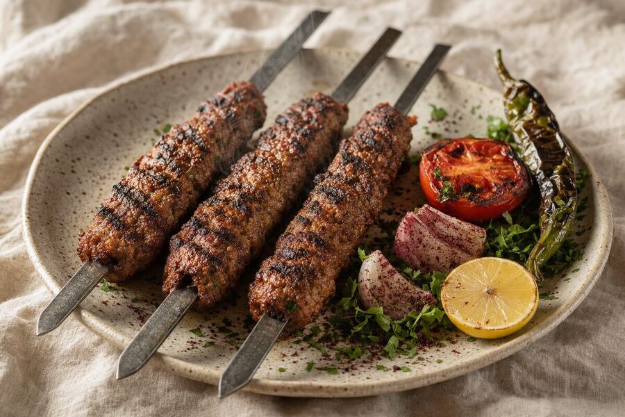 Three long minced-beef kababs on flat metal skewers, striped with char from the grill, on a speckled cream plate beside a grilled tomato half, a blistered green chilli, sumac-dusted red onion wedges, chopped parsley and half a lemon.