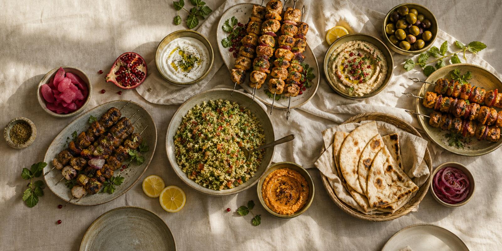 An overhead view of a shared table laid with grilled skewers, a bulgur and parsley salad, bowls of dips, warm flatbread, pickles and lemons on cream linen.