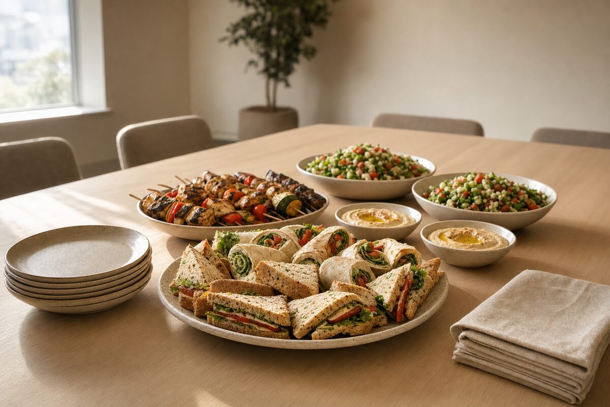 A pale wooden meeting-room table in raking daylight holding a platter of sandwiches and wraps cut on the diagonal, an oval platter of grilled skewers, two bowls of chopped salad, two small bowls of hummus, a stack of plain plates and a folded pile of linen napkins, with empty chairs behind.
