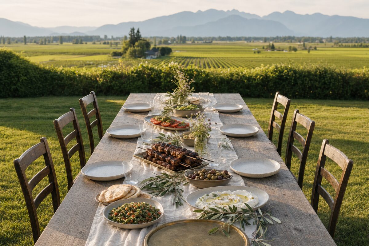 A long weathered wooden table on mown grass with a cream linen runner, speckled stoneware plates, glass tumblers, a platter of grilled skewers, bowls of olives, tabouli and labneh, flatbread, olive sprigs and jars of small white wildflowers, empty wooden chairs on both sides, and green farm fields and hazy blue mountains behind.