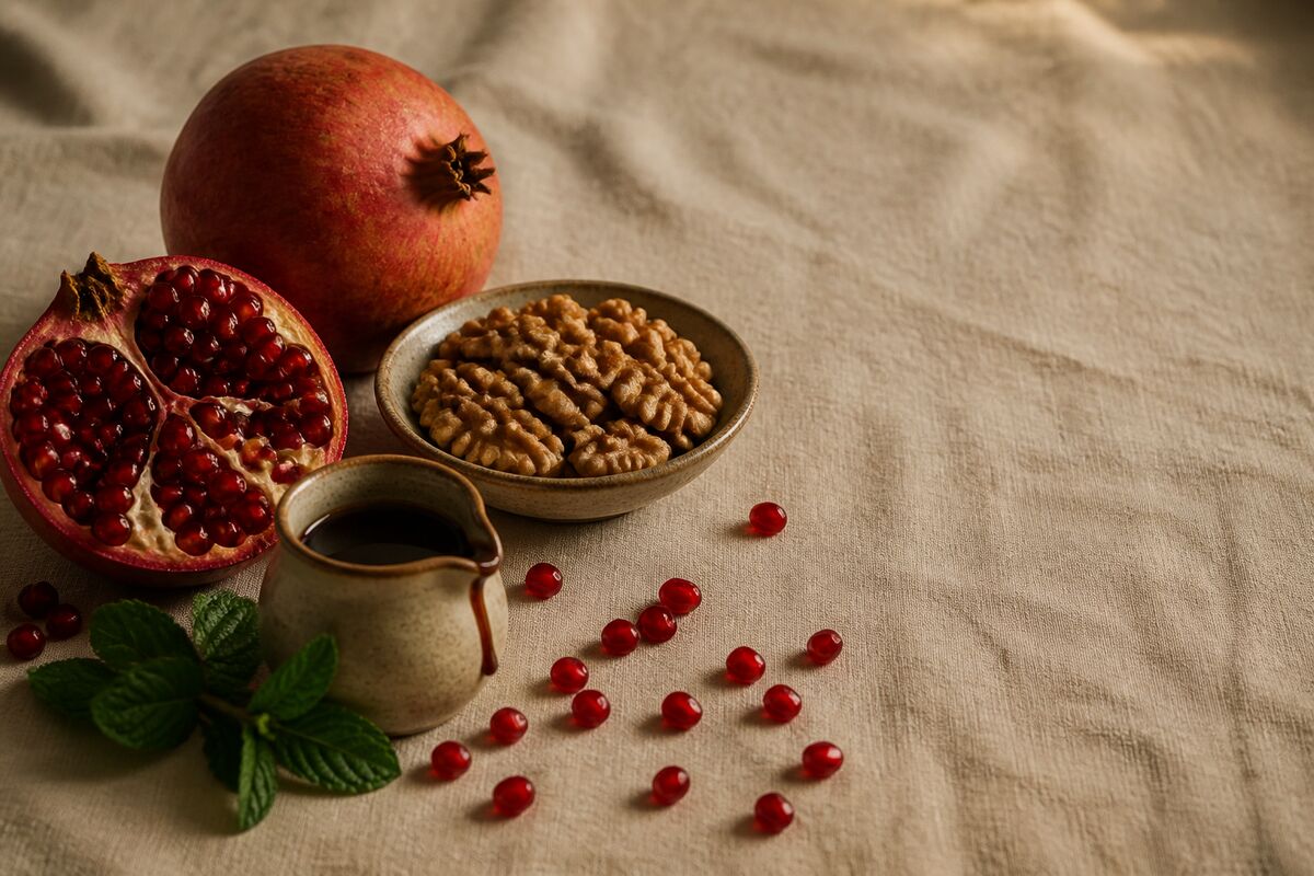 A pomegranate split open beside loose ruby seeds, a dish of walnut halves and a small jug of dark pomegranate molasses on linen.