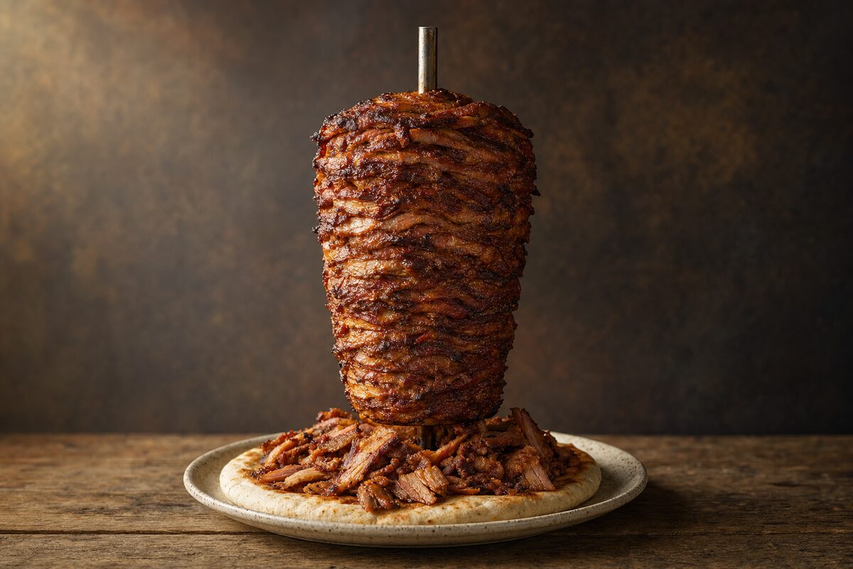A vertical rotisserie stack of layered marinated meat roasted deep brown and glistening, with freshly carved shavings fallen onto a flatbread on a speckled stoneware plate at its base, on weathered wood against a dark background.