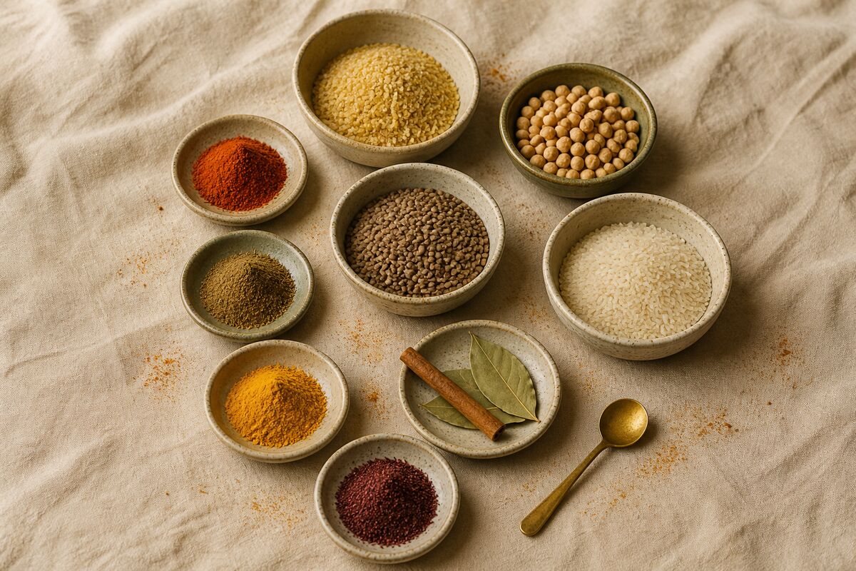 Small ceramic bowls of bulgur, chickpeas, lentils and rice beside neat piles of paprika, cumin, turmeric and sumac on a linen cloth.