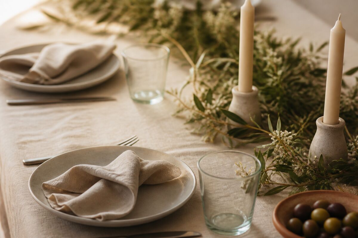 A table dressed for a gathering: cream linen, stoneware plates with folded napkins, plain glassware, unlit candles and a runner of olive branches.