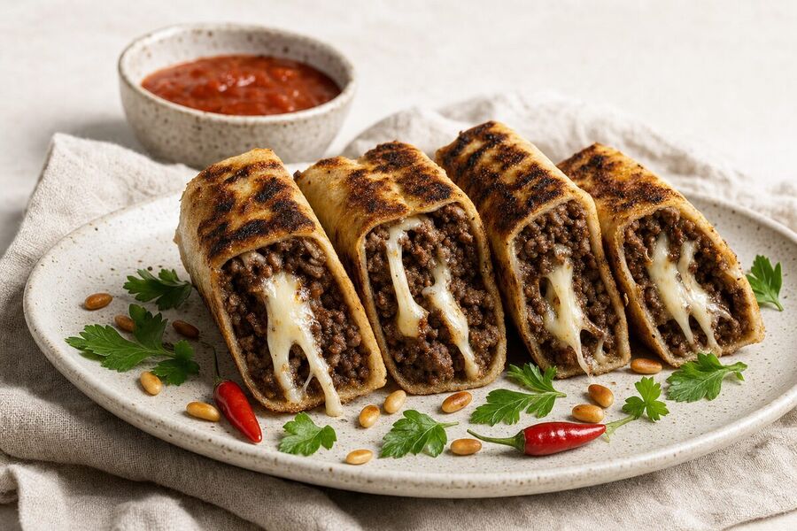 Four thick batons of grilled stuffed flatbread stood on end in a row on a speckled cream plate, the tops striped dark from the grill and each cut face showing spiced minced beef and stretched melted cheese, with pine nuts, parsley, two small red chillies and a bowl of red dipping sauce behind.