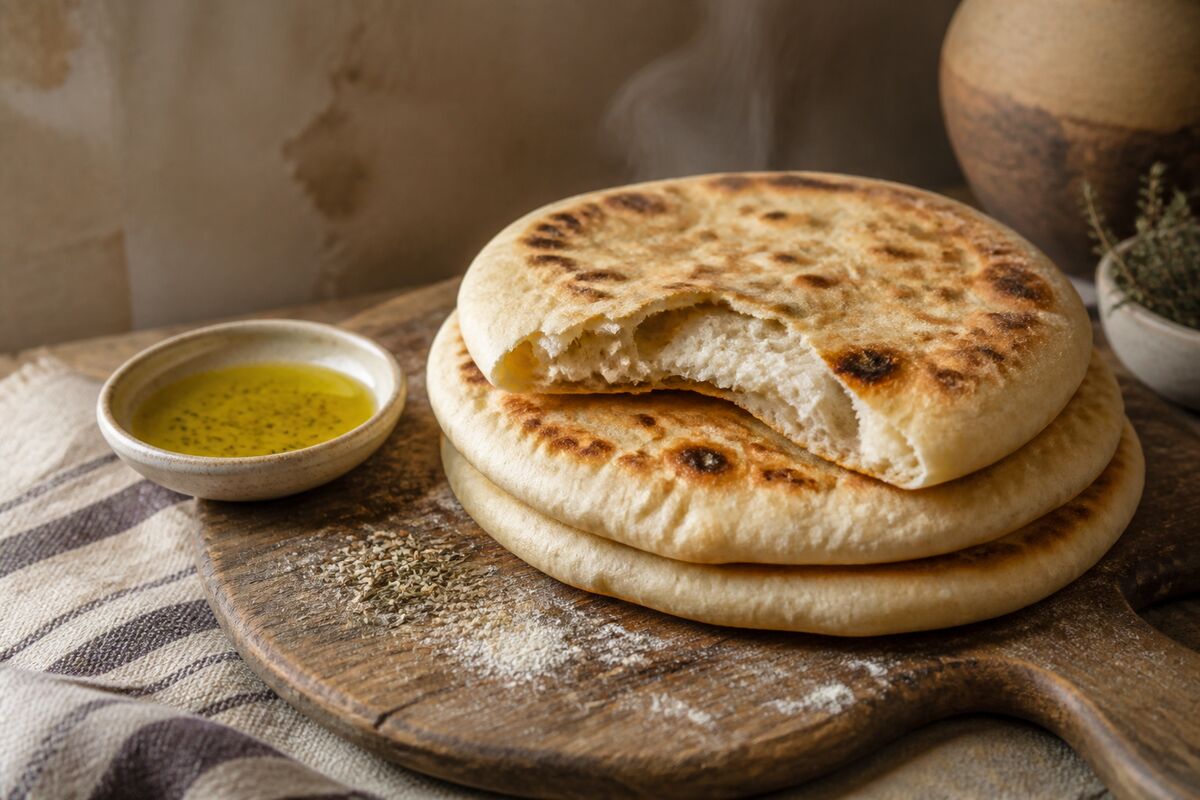 A stack of warm flatbread on a wooden board, the top round torn open and steaming, next to a small dish of olive oil and dried thyme.